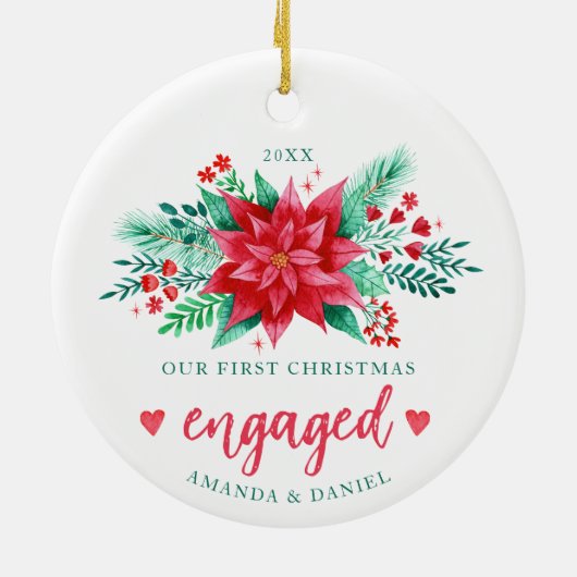 Onze eerste kerst verloofde Waterverf Poinsettia Keramisch Ornament (Achterkant)