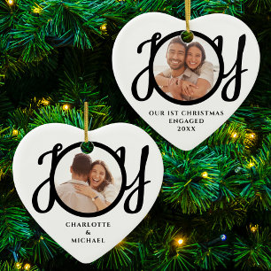 Onze Eerste Kerst Verloving 2 Foto Hartvormig Keramisch Ornament