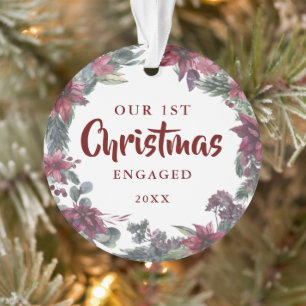 Onze Eerste Kerst Verloving Bloemstuk Koppel Foto Ornament