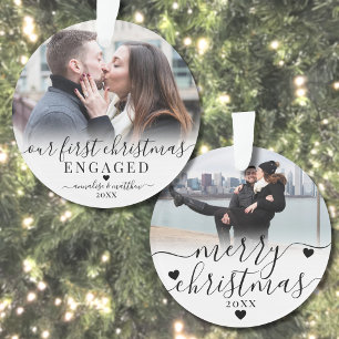 Onze Eerste Kerst Verloving Echtpaar 2 Foto Ornament