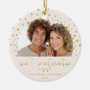 Onze Eerste Kerst Verloving Foto Gouden Harten Keramisch Ornament