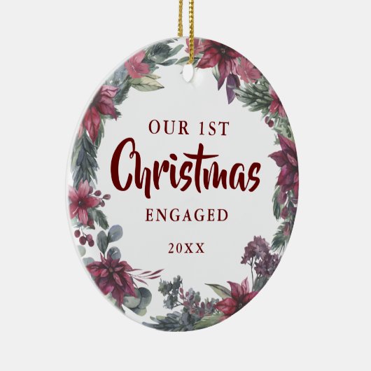 Onze Eerste Kerst Verloving Koppel Foto Bloemen Keramisch Ornament (Rechts)