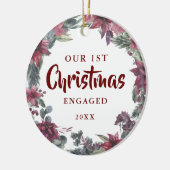 Onze Eerste Kerst Verloving Koppel Foto Bloemen Keramisch Ornament (Links)