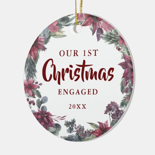 Onze Eerste Kerst Verloving Koppel Foto Bloemen Keramisch Ornament (Links)