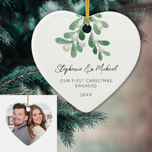 Onze Eerste Kerst Verloving Mistletoe Foto Hart Keramisch Ornament