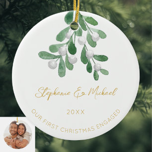 Onze Eerste Kerst Verloving Mistletoe Goud Foto Keramisch Ornament