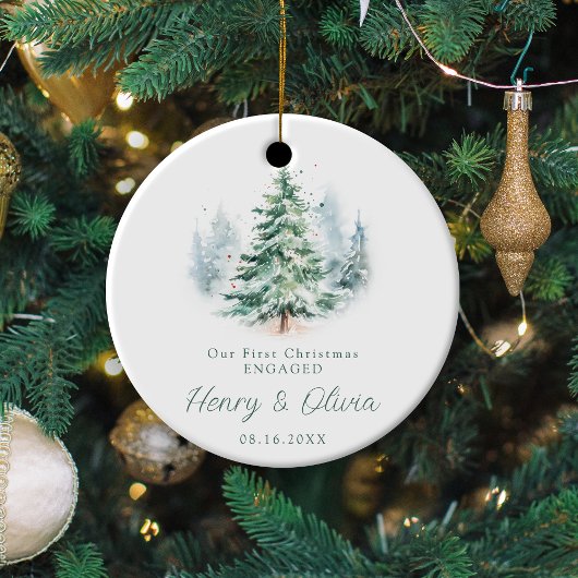 Onze Eerste Kerst Verloving Modern Script Boom Keramisch Ornament
