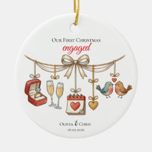 Onze Eerste Kerst Verloving Mooie Ring Datum Vogel Keramisch Ornament