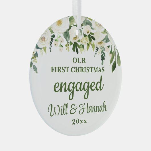 Onze Eerste Kerst Verloving Persoonlijk Koppel Glas Ornament (Voorkant Rechts)