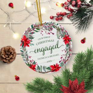 Onze Eerste Kerst Verloving Rustieke Krans Bloemen Keramisch Ornament