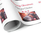 Onze eerste kerst voeg naam foto bruiloft verloofd cadeaupapier (Rol Hoek)