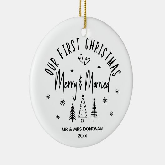 Onze eerste kerst vrolijk en getrouwd vakantie keramisch ornament (Rechts)