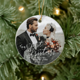 Onze Eerste Kerst Wit Schrift Huwelijksfoto Keramisch Ornament