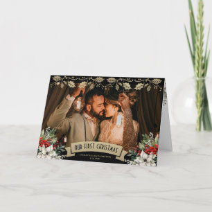 Onze eerste kerst zwart goud pasgetrouwd foto feestdagen kaart