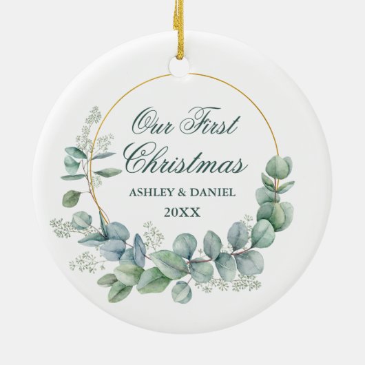 Onze eerste kerstavond met eucalyptus blaast keramisch ornament (Achterkant)