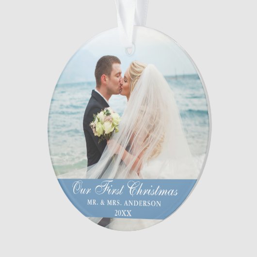 Onze eerste kerstblauwe bruiloft foto ornament (voorkant)