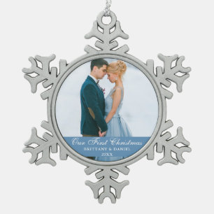 Onze eerste kerstblauwe paarfoto tin sneeuwvlok ornament
