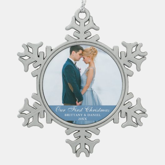 Onze eerste kerstblauwe paarfoto tin sneeuwvlok ornament (Voorkant)