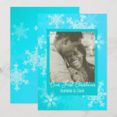 Onze eerste kerstblauwe sneeuwvlokken minimalistis feestdagenkaart (Voorkant / Achterkant)