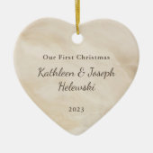 Onze eerste kerstbruiloft-crème-fotokeramiek of keramisch ornament (Voorkant)