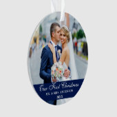 Onze eerste kerstbruiloft foto Blauw Ornament (voorkant)