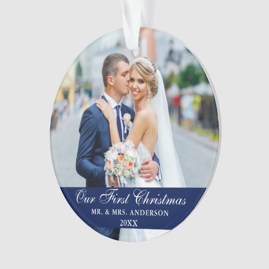 Onze eerste kerstbruiloft foto Blauw Ornament (voorkant)