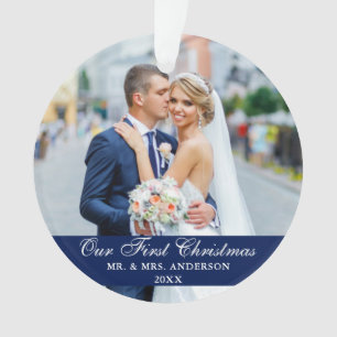 Onze eerste kerstbruiloft foto Blauw Ornament