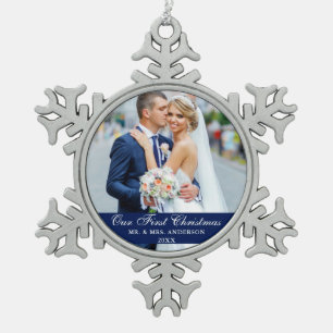 Onze eerste kerstbruiloft foto Blauw Tin Sneeuwvlok Ornament