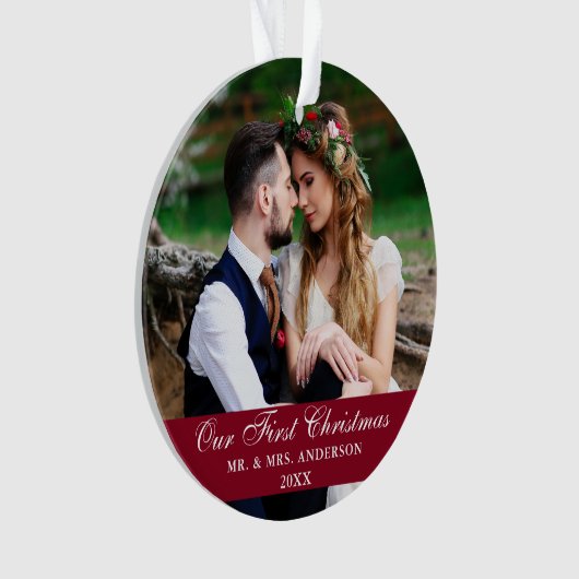 Onze eerste kerstbruiloft Foto Burgundy Ornament (voorkant)
