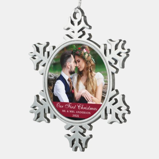 Onze eerste kerstbruiloft Foto Burgundy Tin Sneeuwvlok Ornament (Rechts)