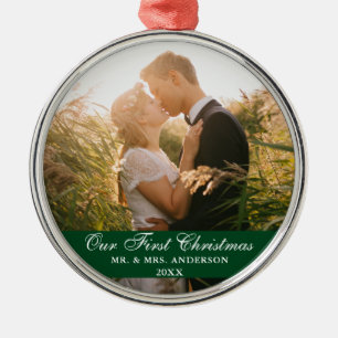 Onze eerste kerstbruiloft Foto groen Metalen Ornament