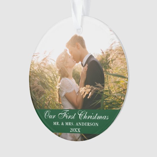 Onze eerste kerstbruiloft Foto groen Ornament (voorkant)