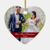 Onze eerste kerstbruiloft foto-hart keramisch ornament (Voorkant)