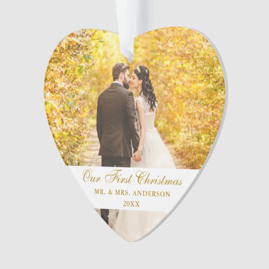 Onze eerste kerstbruiloft foto-hart ornament (voorkant)