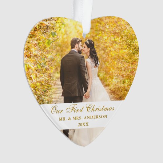 Onze eerste kerstbruiloft foto-hart ornament (voorkant)