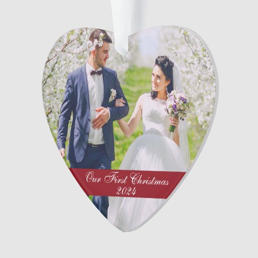 Onze eerste kerstbruiloft foto-hart ornament (voorkant)
