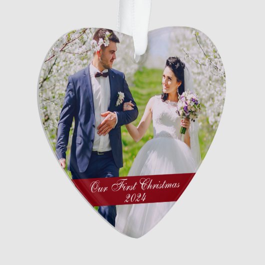 Onze eerste kerstbruiloft foto-hart ornament (voorkant)