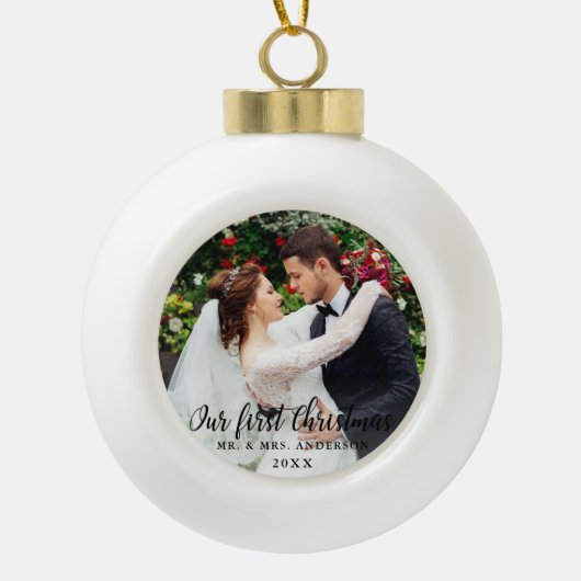 Onze eerste kerstbruiloft foto keramische bal ornament (Voorkant)