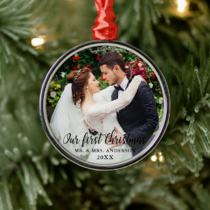 Onze eerste kerstbruiloft foto metalen ornament