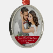 Onze eerste kerstbruiloft foto Red Metalen Ornament (Rechts)