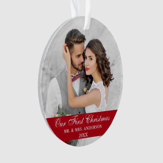 Onze eerste kerstbruiloft foto Red Ornament (voorkant)