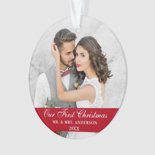 Onze eerste kerstbruiloft foto Red Ornament (voorkant)
