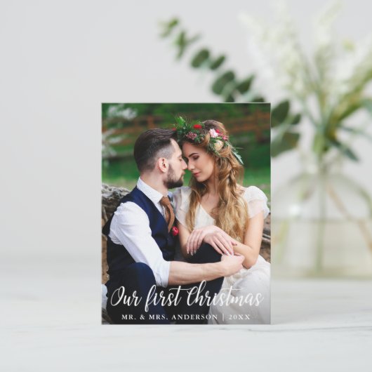 Onze eerste kerstbruiloft-paarfoto briefkaart (Staand voorkant)