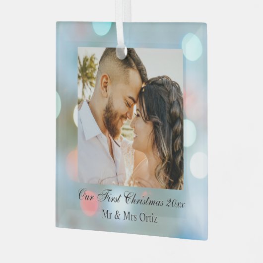 Onze eerste kerstdag met namen Datum Foto BlackTex Glas Ornament (Voorkant links)