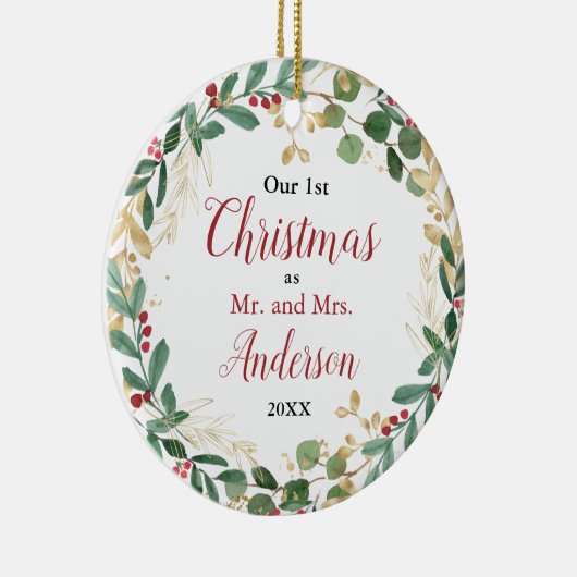 Onze eerste kerstdag trouwde rode gouden elegante  keramisch ornament (Rechts)