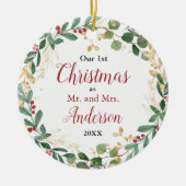 Onze eerste kerstdag trouwde rode gouden elegante  keramisch ornament (Voorkant)