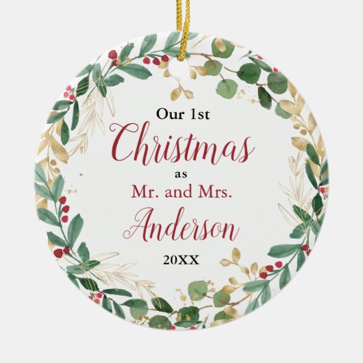Onze eerste kerstdag trouwde rode gouden elegante keramisch ornament (Voorkant)