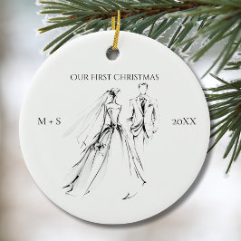 Onze Eerste Kerstdisfoto Trouwjurk Pak Schattig Keramisch Ornament