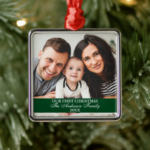 Onze eerste kerstfamilie Foto Green Square Metalen Ornament