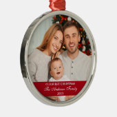 Onze eerste kerstfamilie Foto rood Metalen Ornament (Rechts)